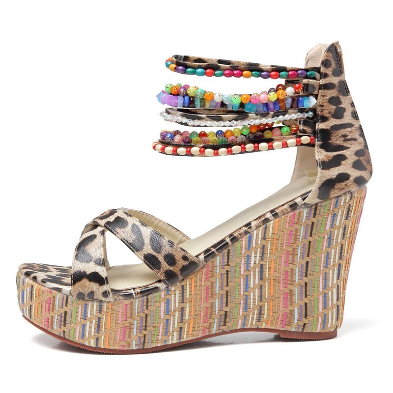 getmorebeauty Women's Wedge Sandals With Pearls Across The Top Platform Sandals High Heels (9, Leopard, numeric_9) - Image 2